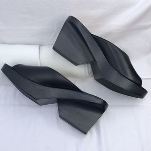 Ferragamo Wood & Leather Platform Peep Toe Slide/Mule w/3” Heel, Black